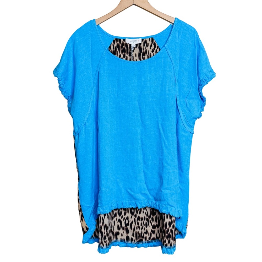 NWT Umgee Linen Cotton Raw Hem Blue Leopard Print Pullover Top size 2XL